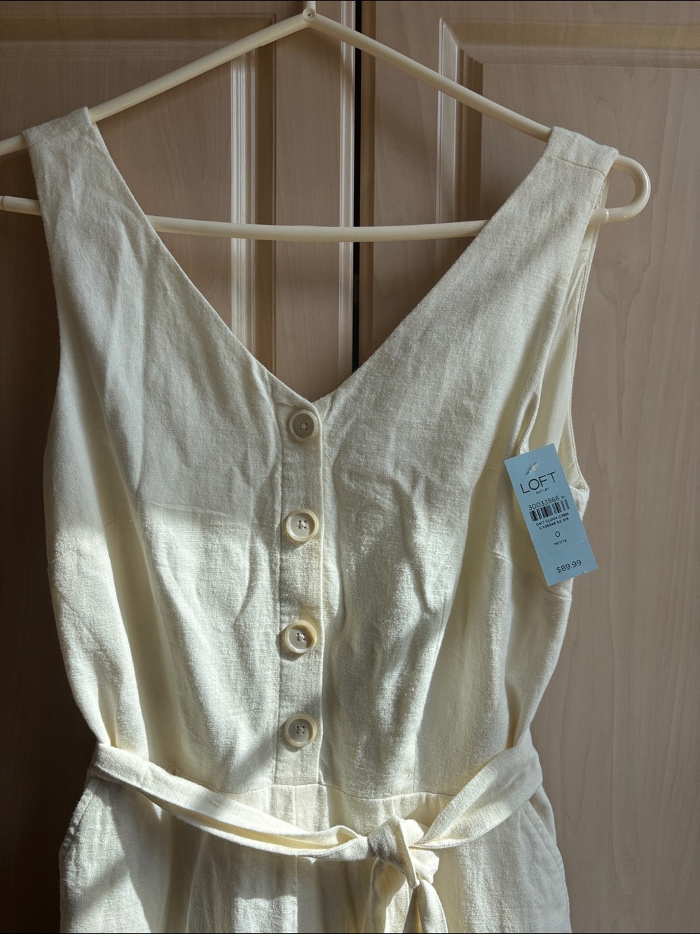 LOFT Cream Button-Front Linen Midi WIDE LEG JUMPSUIT Waist Tie NWT - Picture 3 of 9